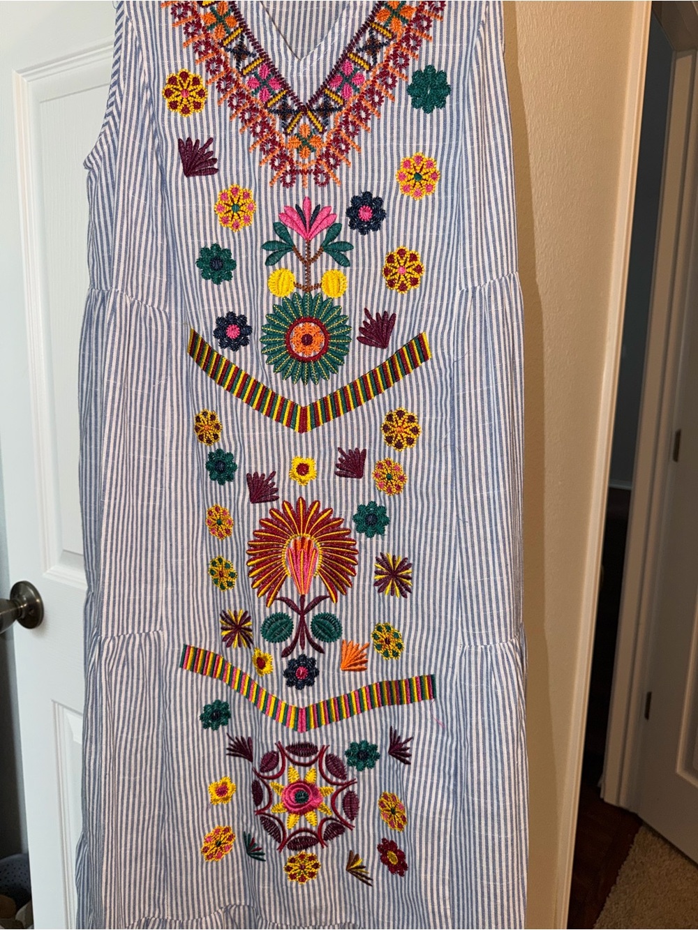 Embroidered V-Neck Sleeveless Cotton Maxi Dress in Blue Stripe - Picture 2 of 4